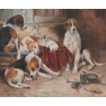 Margaret Anderson, After John Emms - Hunting hounds in a barn, oil on canvas, mounted and framed,