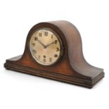 Oak cased Napoleon hat shaped mantle clock with Westminster chime, 42.5cm wide