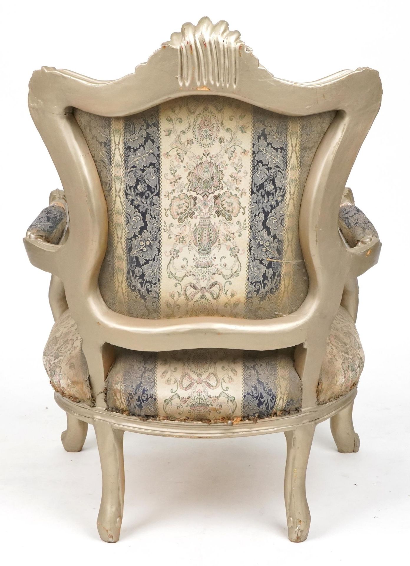 French style ornate gilt open armchair with blue and cream striped floral upholstery, 110cm high - Image 4 of 4