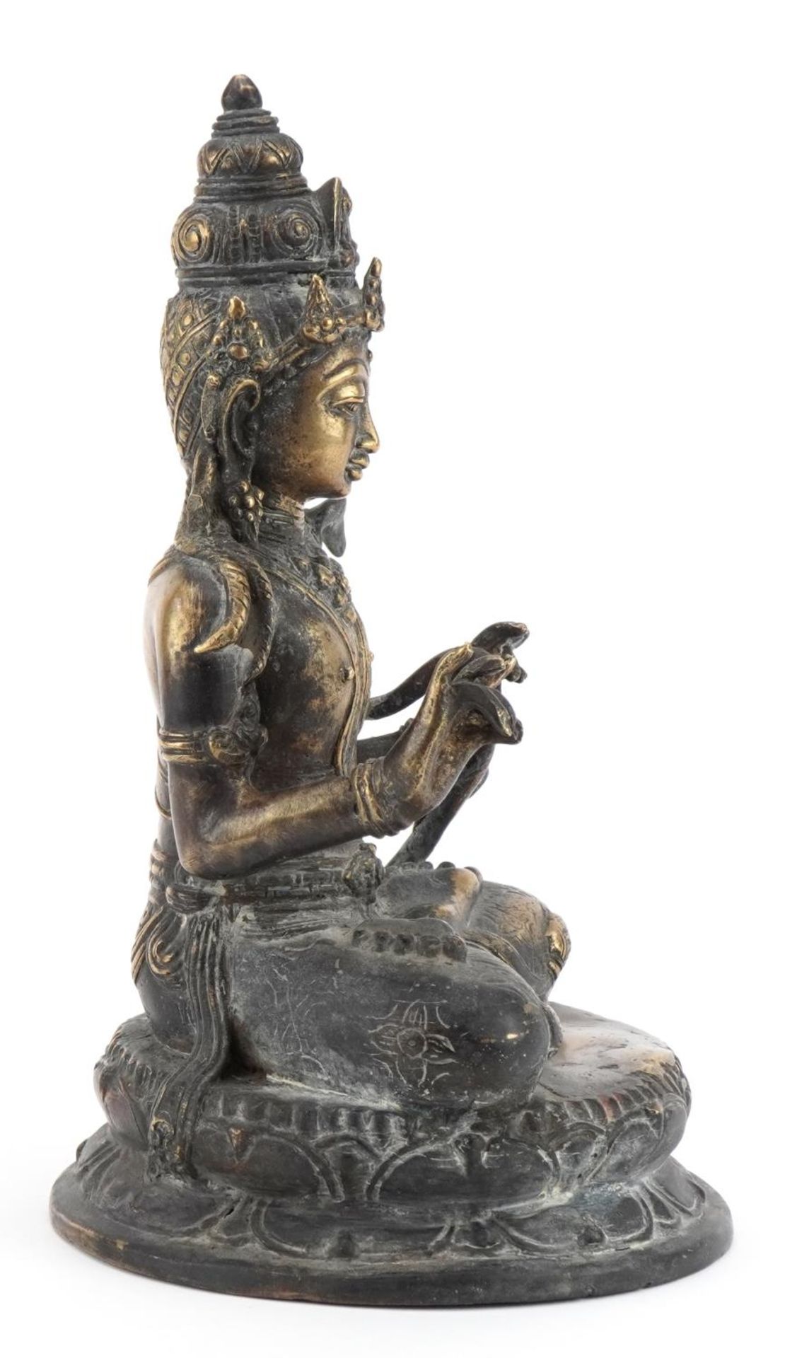 Chino Tibetan patinated bronze figure of seated Buddha, 29cm high - Image 8 of 12