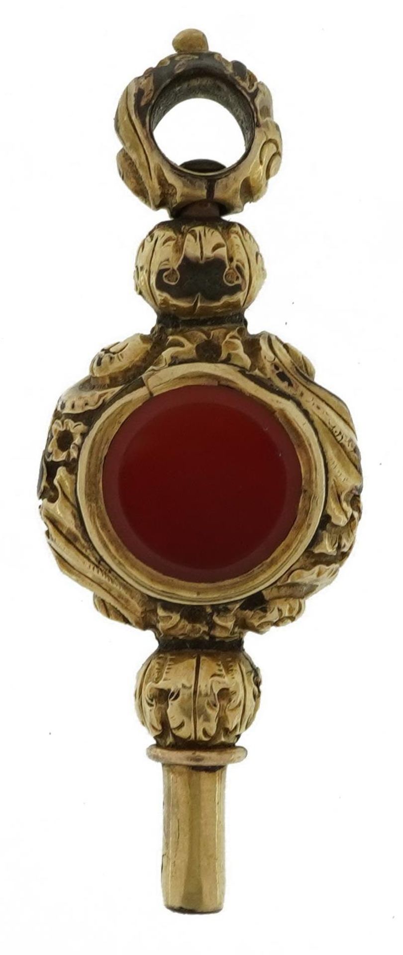 Antique unmarked gold carnelian watch key tests as 15ct gold, 4.5cm in length, 8.6g - Image 2 of 2