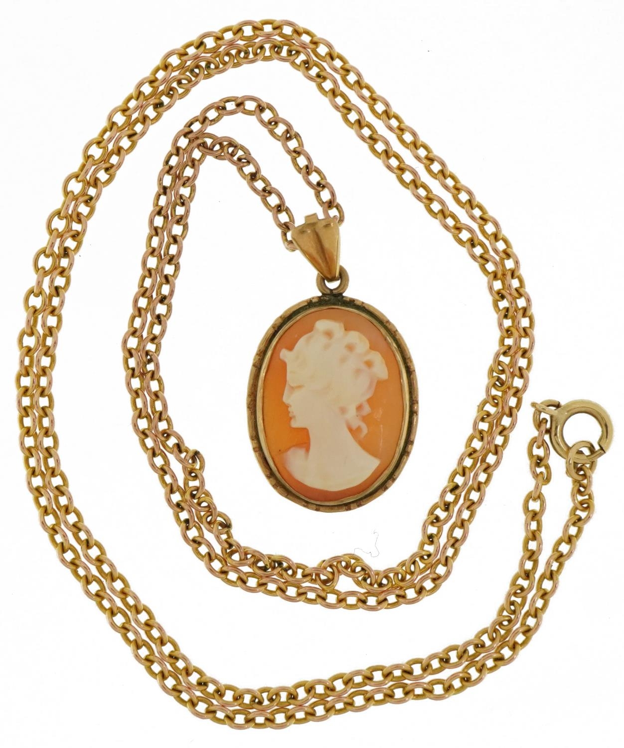 9ct gold mounted cameo maiden head pendant on 9ct gold Belcher link necklace, 3.0cm high and 60cm in - Image 2 of 4