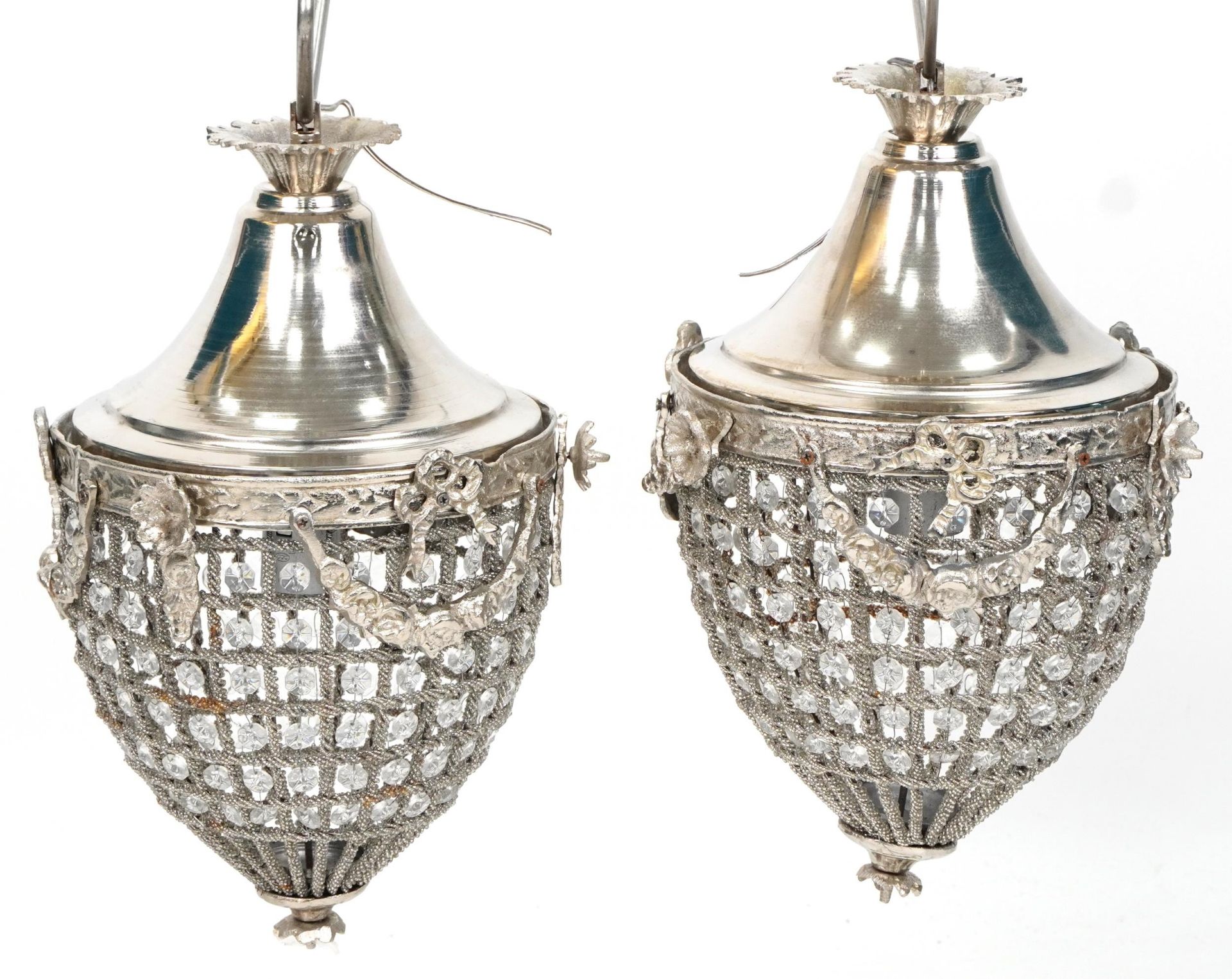 Pair of ornate silvered metal acorn chandeliers with swags and bows, 40cm high - Image 2 of 2