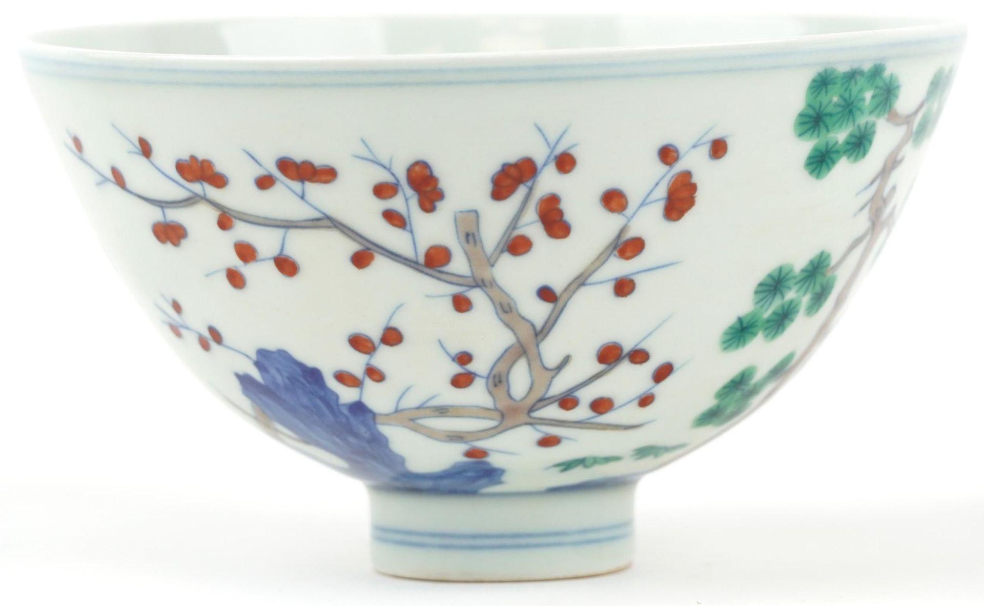 Chinese porcelain wucai footed bowl hand painted trees, six figure character marks to the