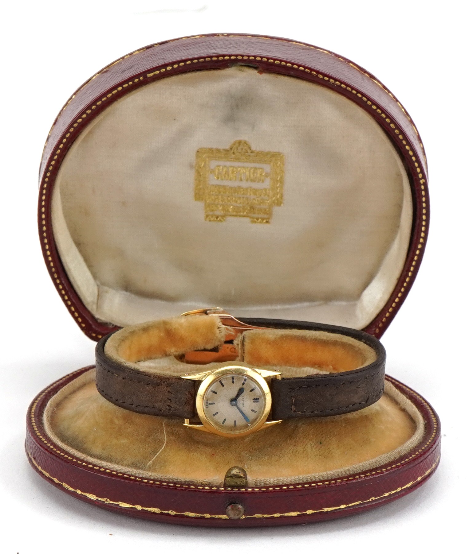 Cartier, early 20th century ladies gold Cartier wristwatch with leather strap and 18ct gold strap