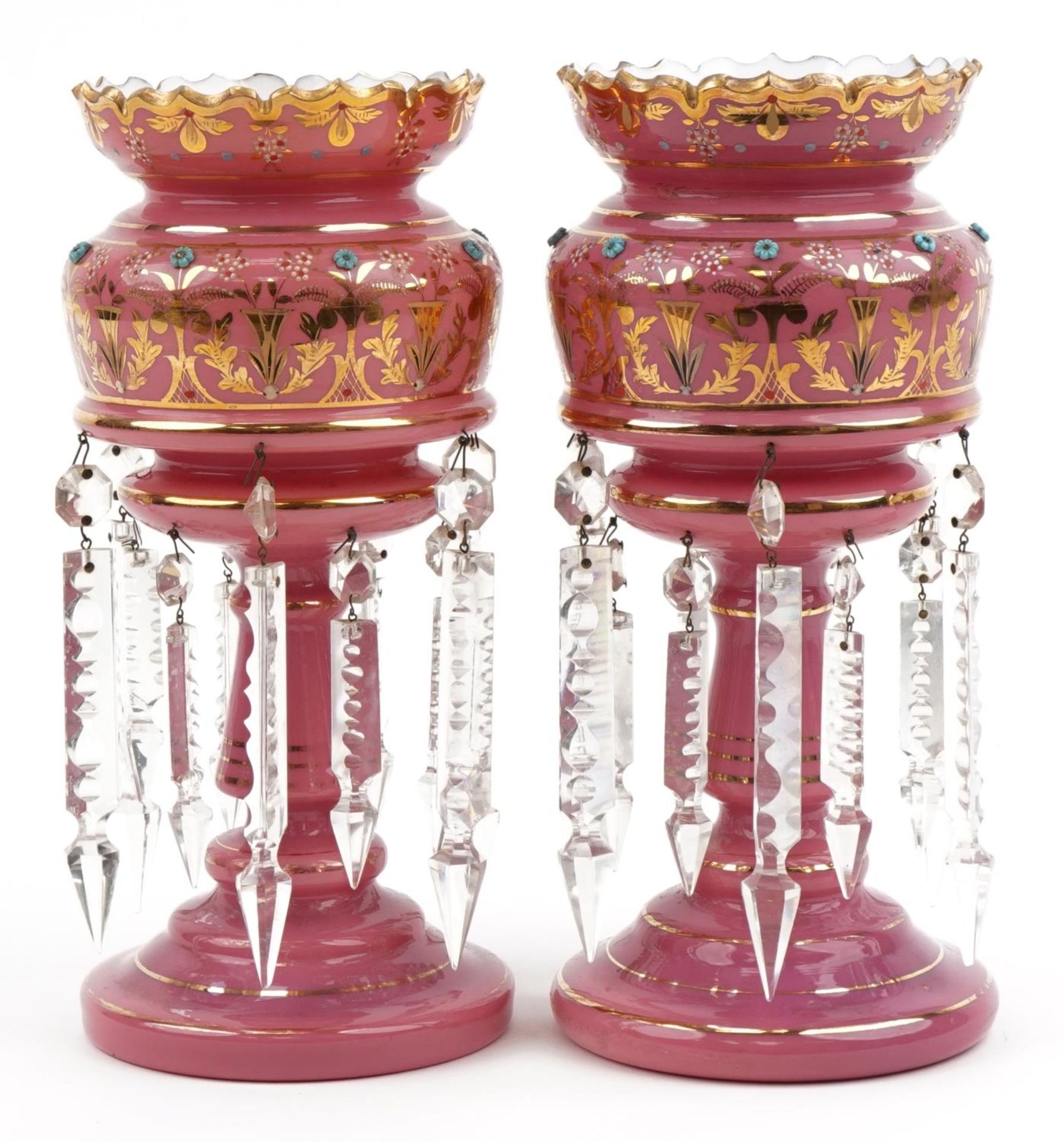 Pair of 19th century pink opaline glass lustres with drops enamelled and gilded with flowers, each