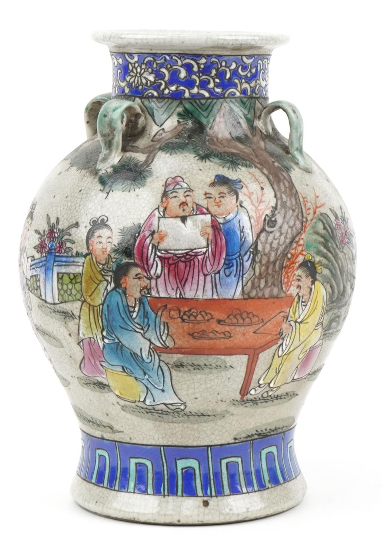 Chinese archaic style baluster vase with four handles hand painted in the famille rose palette