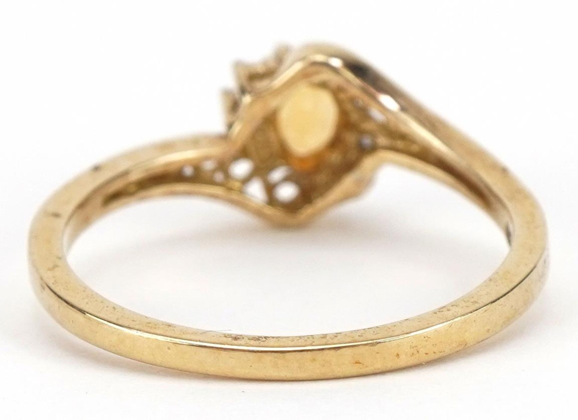 9ct gold citrine and diamond crossover ring with pierced shoulders, size L, 1.5g - Image 2 of 4