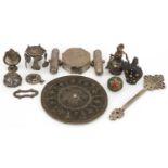 Tribal interest metalware and a horn scent bottle including a white metal box and a ring with