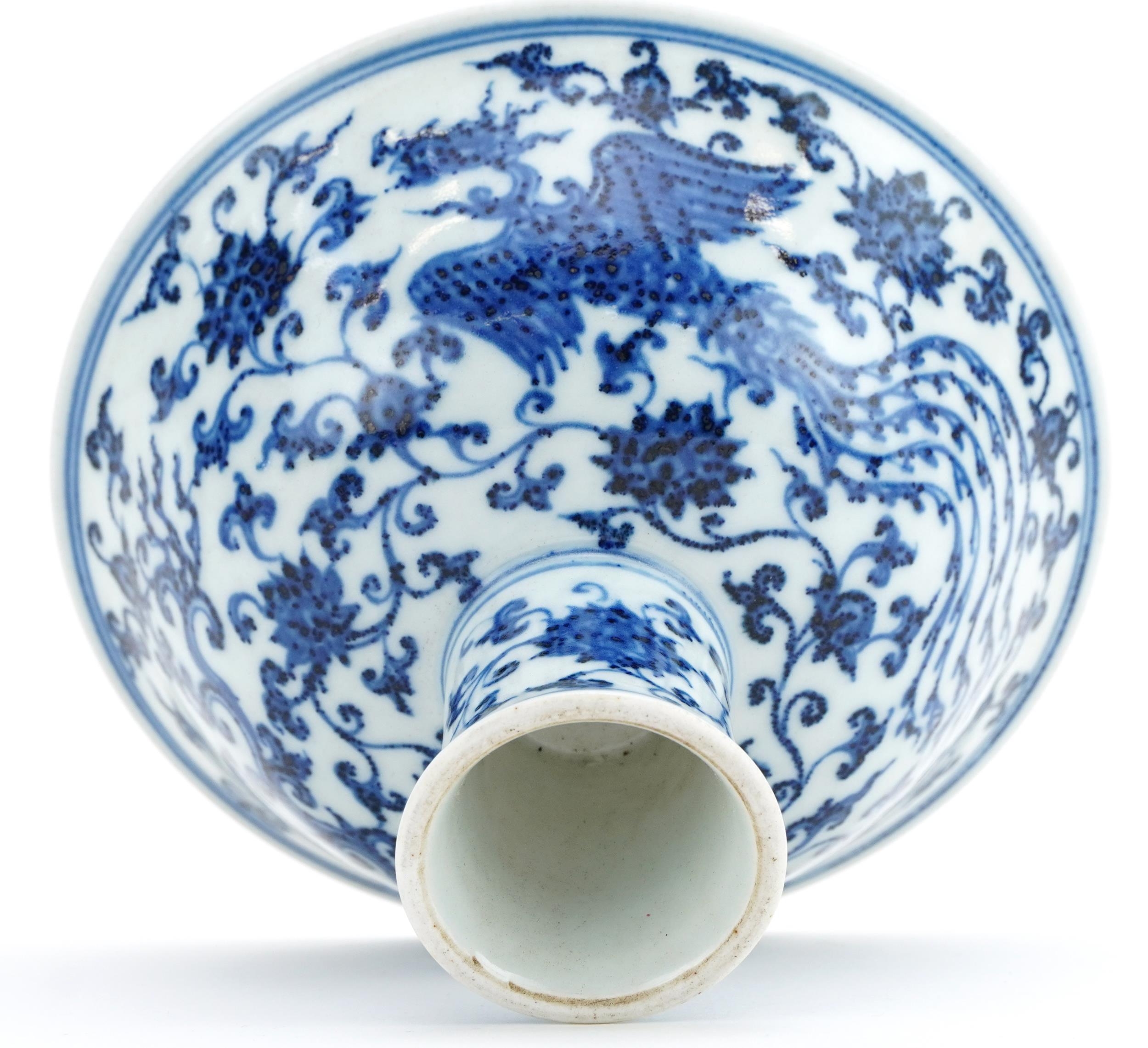 Chinese blue and white porcelain stem bowl hand painted with phoenixes amongst flowers, 10.5cm - Image 6 of 6