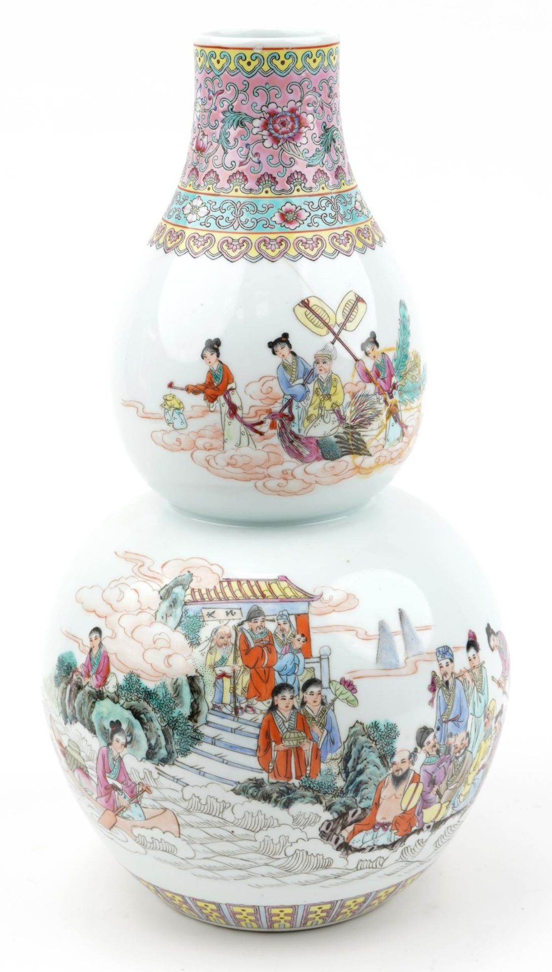 Large Chinese porcelain double gourd vase hand painted in the famille rose palette with figures in a