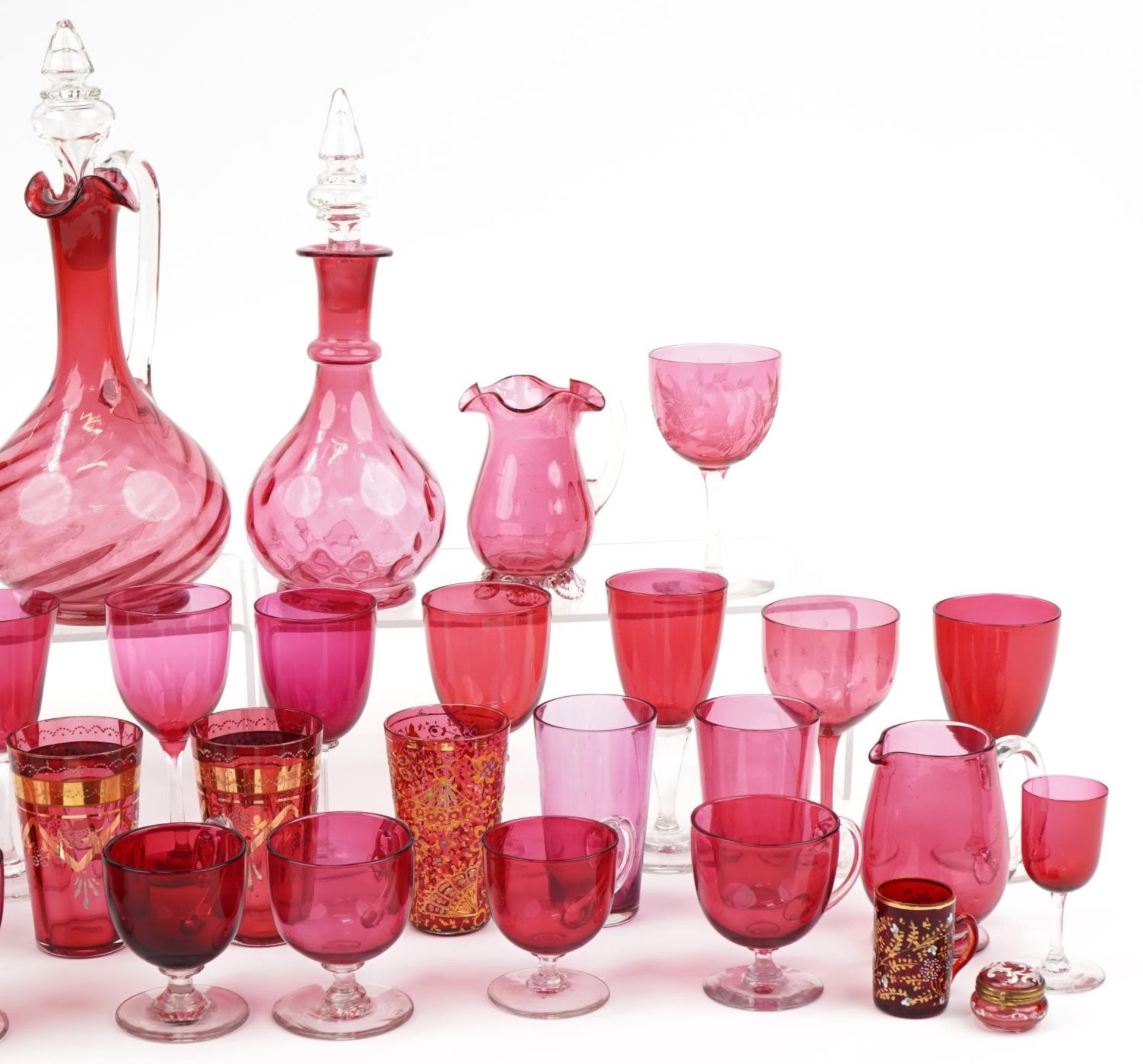 Victorian cranberry glassware including claret jug, various glasses, enamel trinket box and - Image 5 of 6