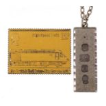 Silver ingot pendant on silver Belcher link necklace and a silver gilt 1975 British Rail Inter-