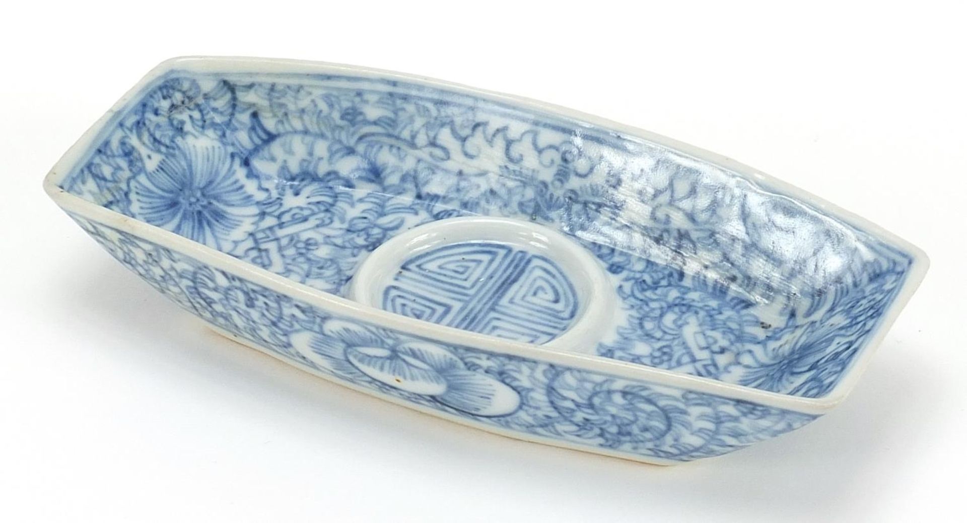 Chinese blue and white porcelain dish hand painted with flowers, six figure character marks to the - Image 2 of 3