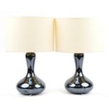 Pair of contemporary iridescent pottery table lamps with shades, 62cm high