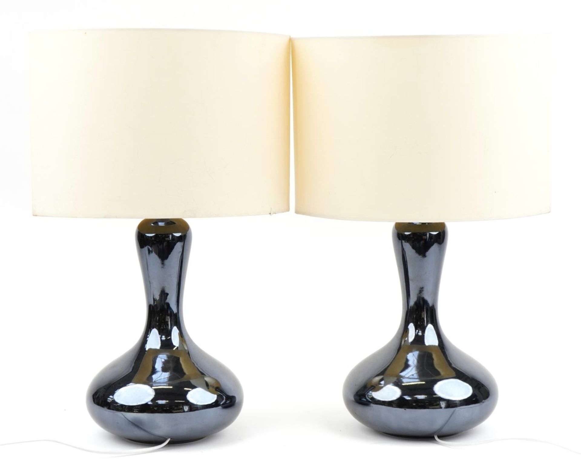 Pair of contemporary iridescent pottery table lamps with shades, 62cm high