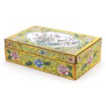 Chinese Canton enamel box hand painted with a bird amongst flowers, 4.5cm H x 16cm W x 9.5cm D