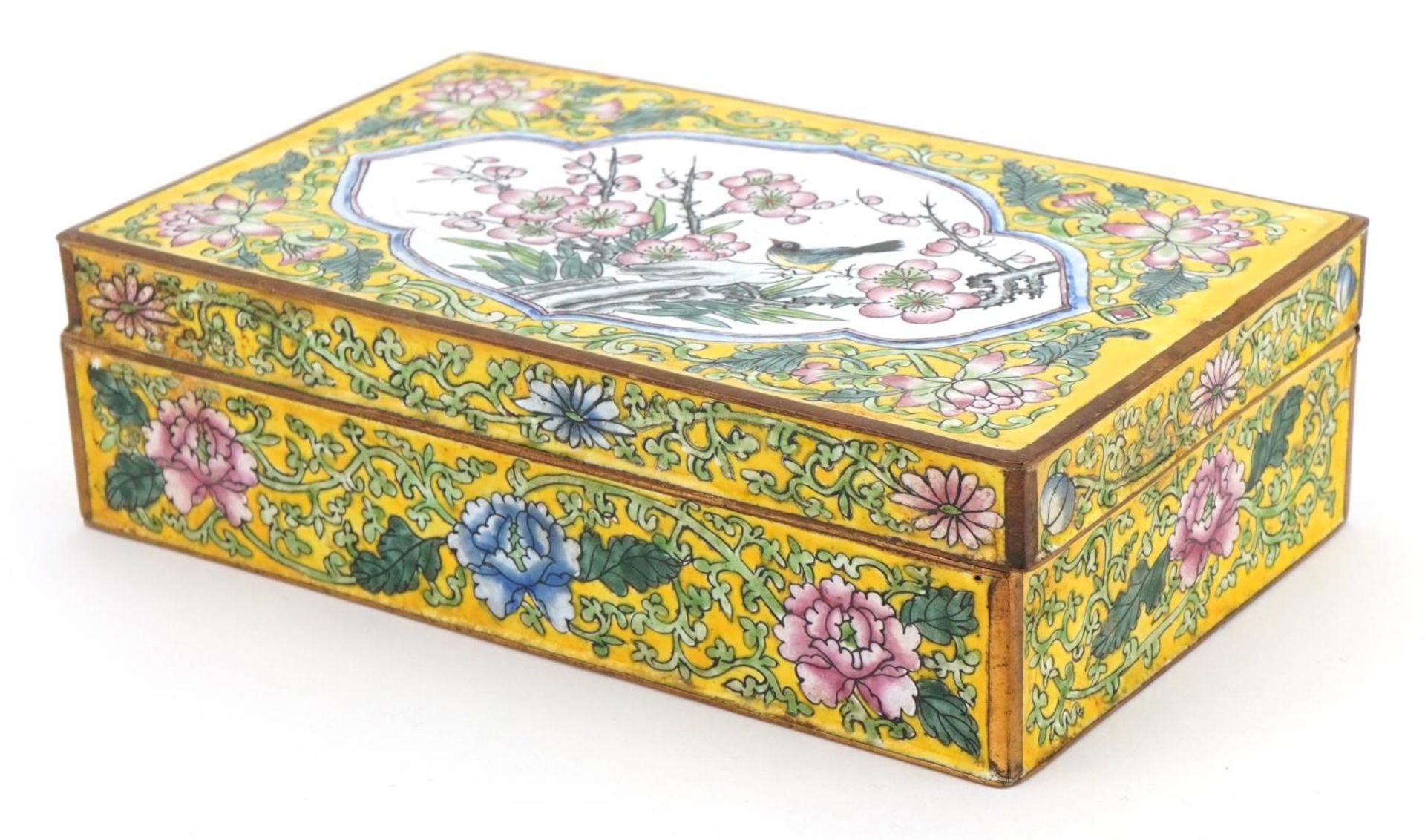 Chinese Canton enamel box hand painted with a bird amongst flowers, 4.5cm H x 16cm W x 9.5cm D