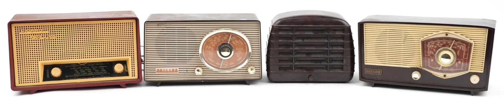 Four vintage radios including Philips MK 40277 and Figaro 3 Deluxe Cossor, the largest 33.5cm wide