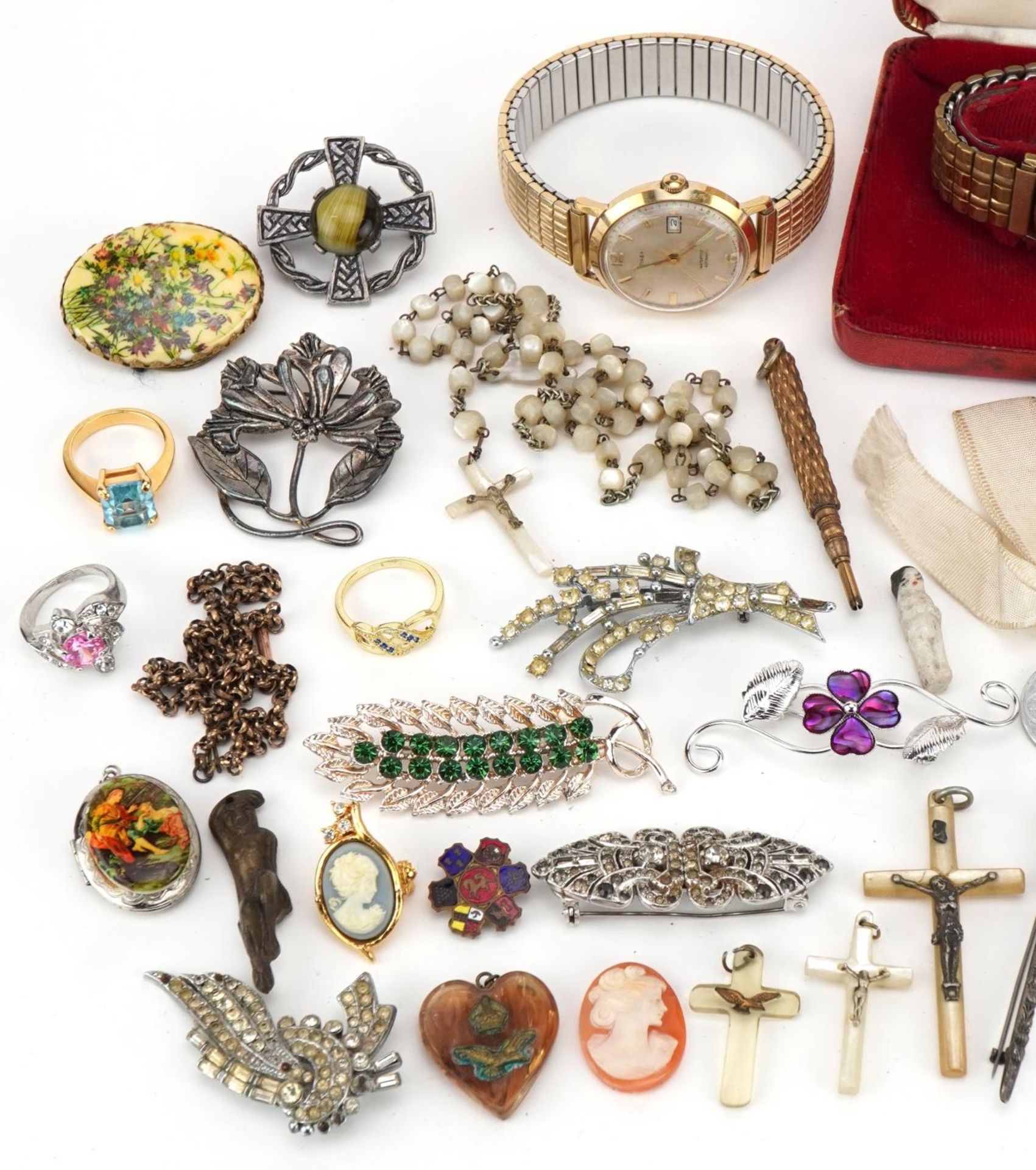 Vintage and later costume jewellery and wristwatches including brooches, rings and rosary beads - Image 2 of 3