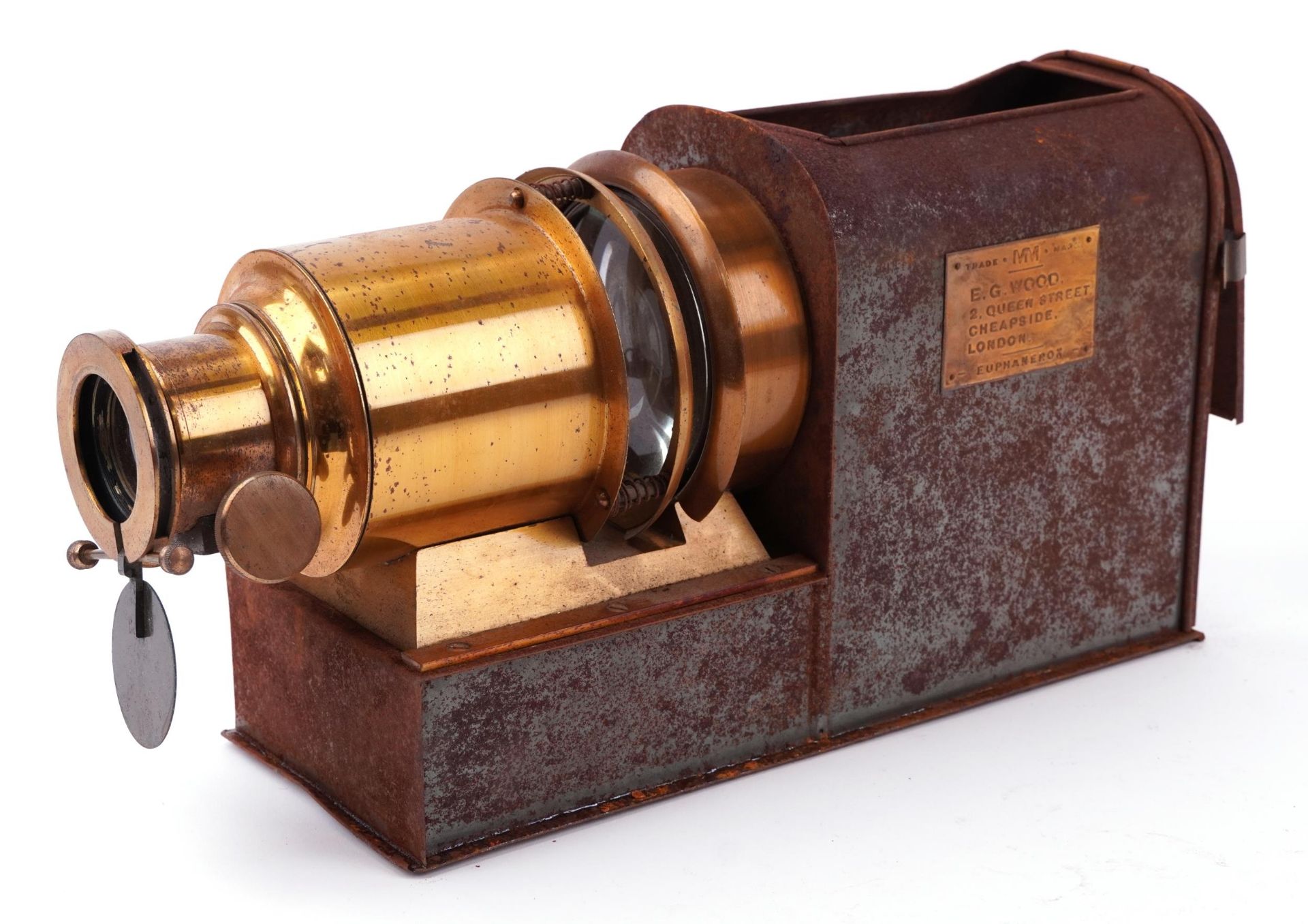 Victorian magic lantern slide projector with tin case, 46cm in length - Image 2 of 3