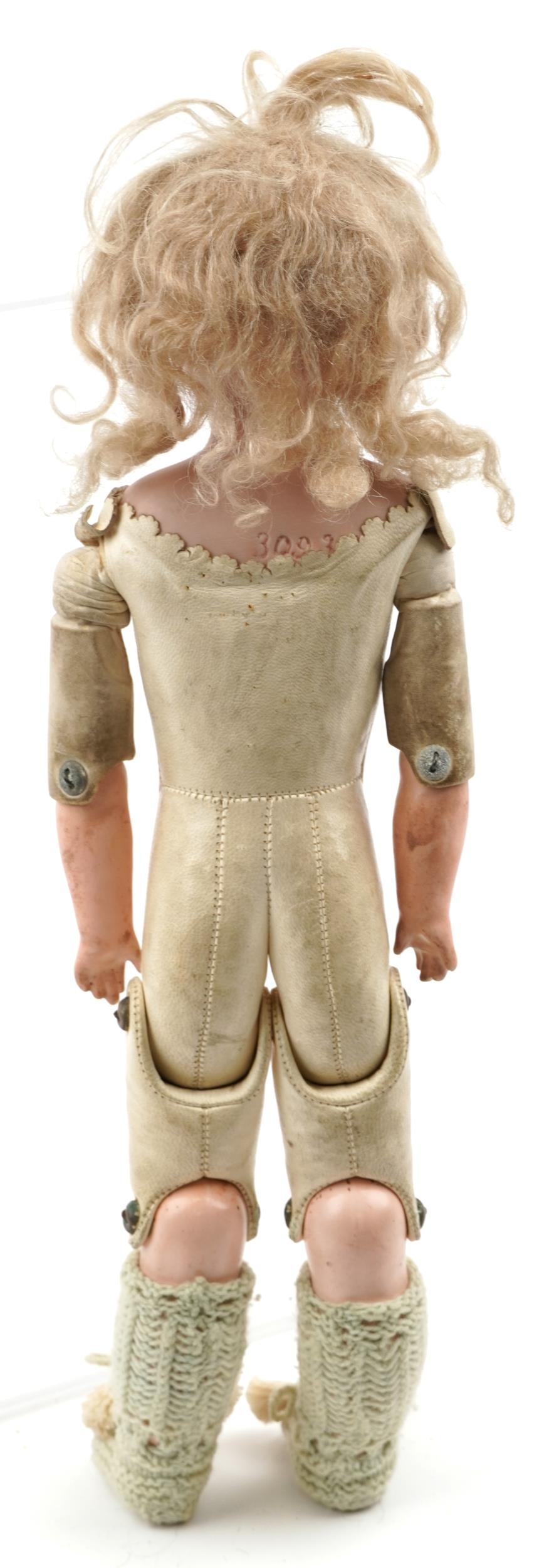 Antique bisque headed and leather fashion doll with open close eyes and articulated limbs, - Image 2 of 3