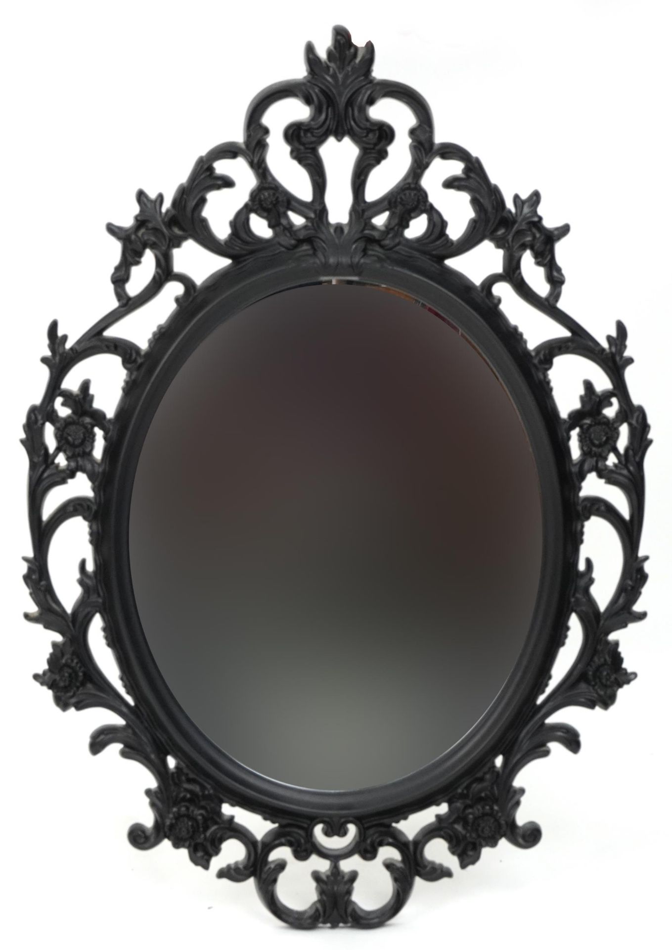 French style black framed wall hanging mirror, 84cm x 60cm