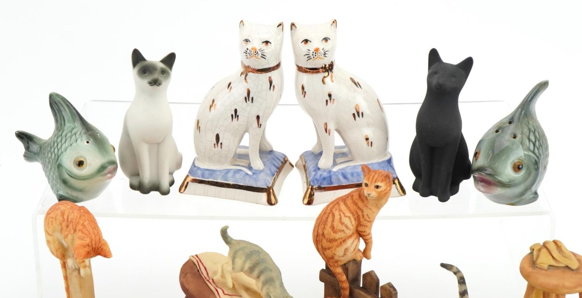 Collection of porcelain and resin model cats and fish including a pair of Staffordshire Ware - Image 2 of 6