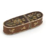 19th sewing interest century leather and straw work needle case embroidered with flowers, 10cm high