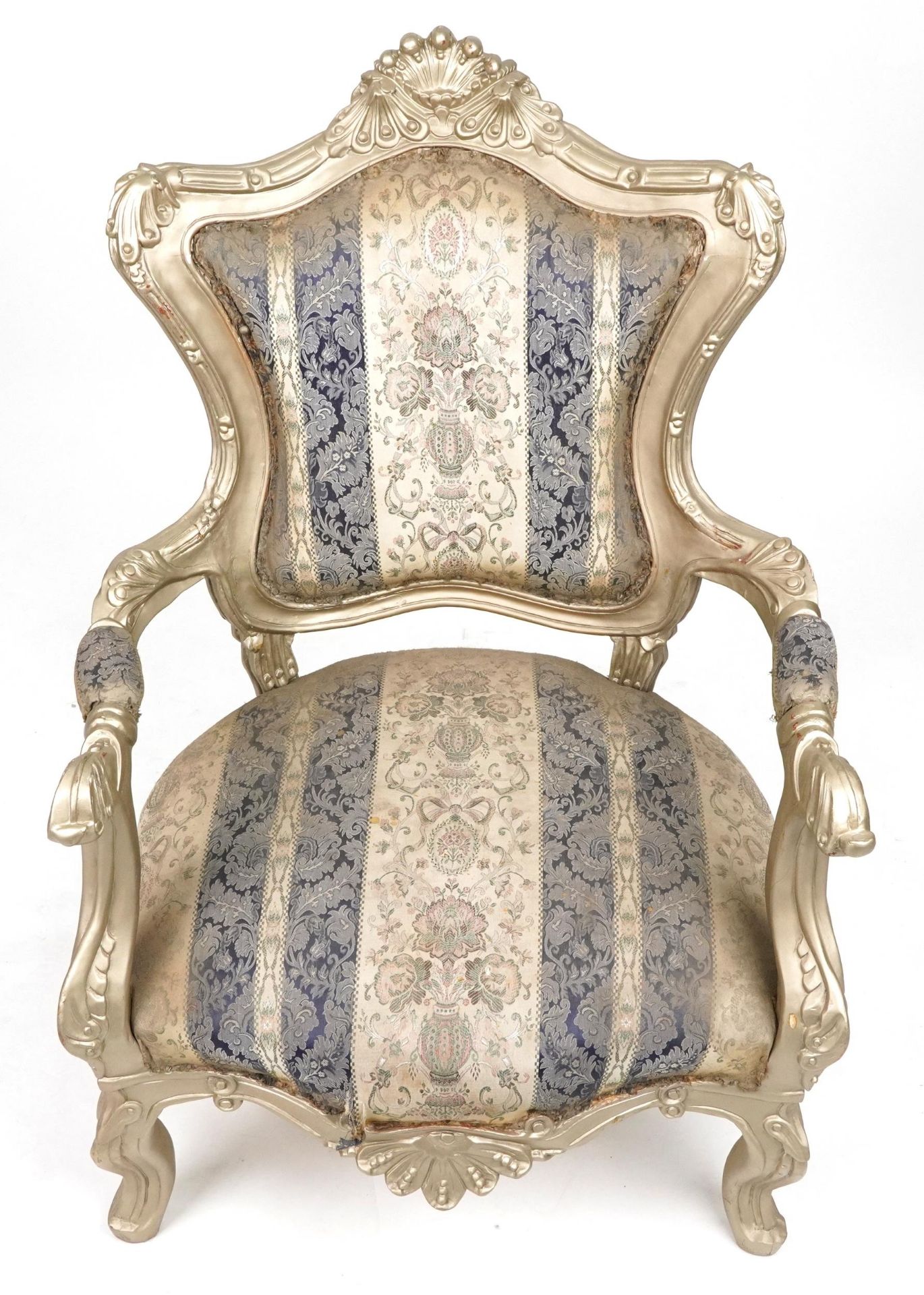 French style ornate gilt open armchair with blue and cream striped floral upholstery, 110cm high - Image 3 of 4