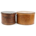 Two advertising hat boxes including J P Davies & Co The Milliners Lewisham