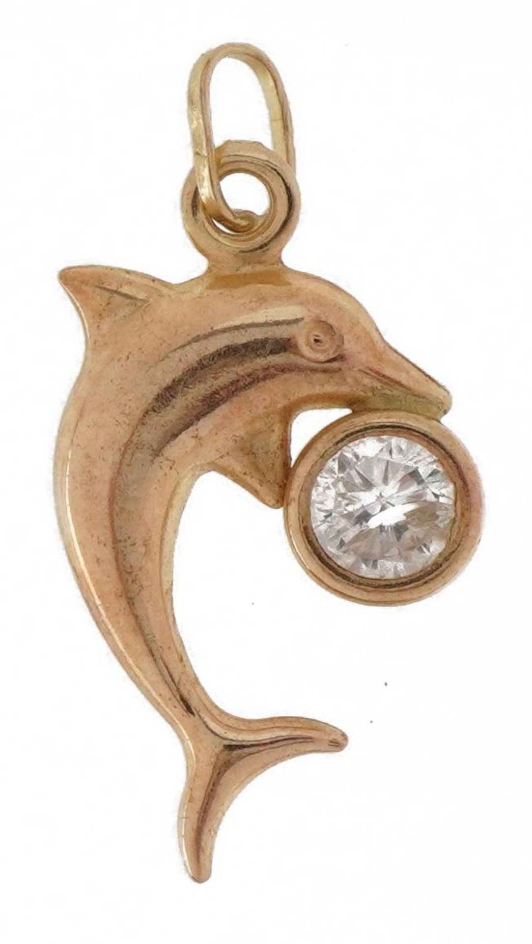 9ct gold dolphin pendant set with a clear stone, 2.1cm high, 0.8g