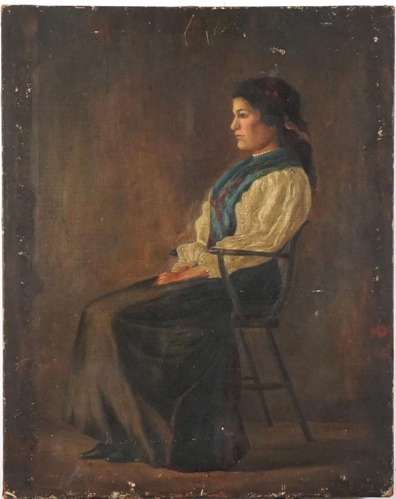 Full length portrait of a seated female wearing a headscarf, oil on canvas, G Rowney & Co London - Image 2 of 4