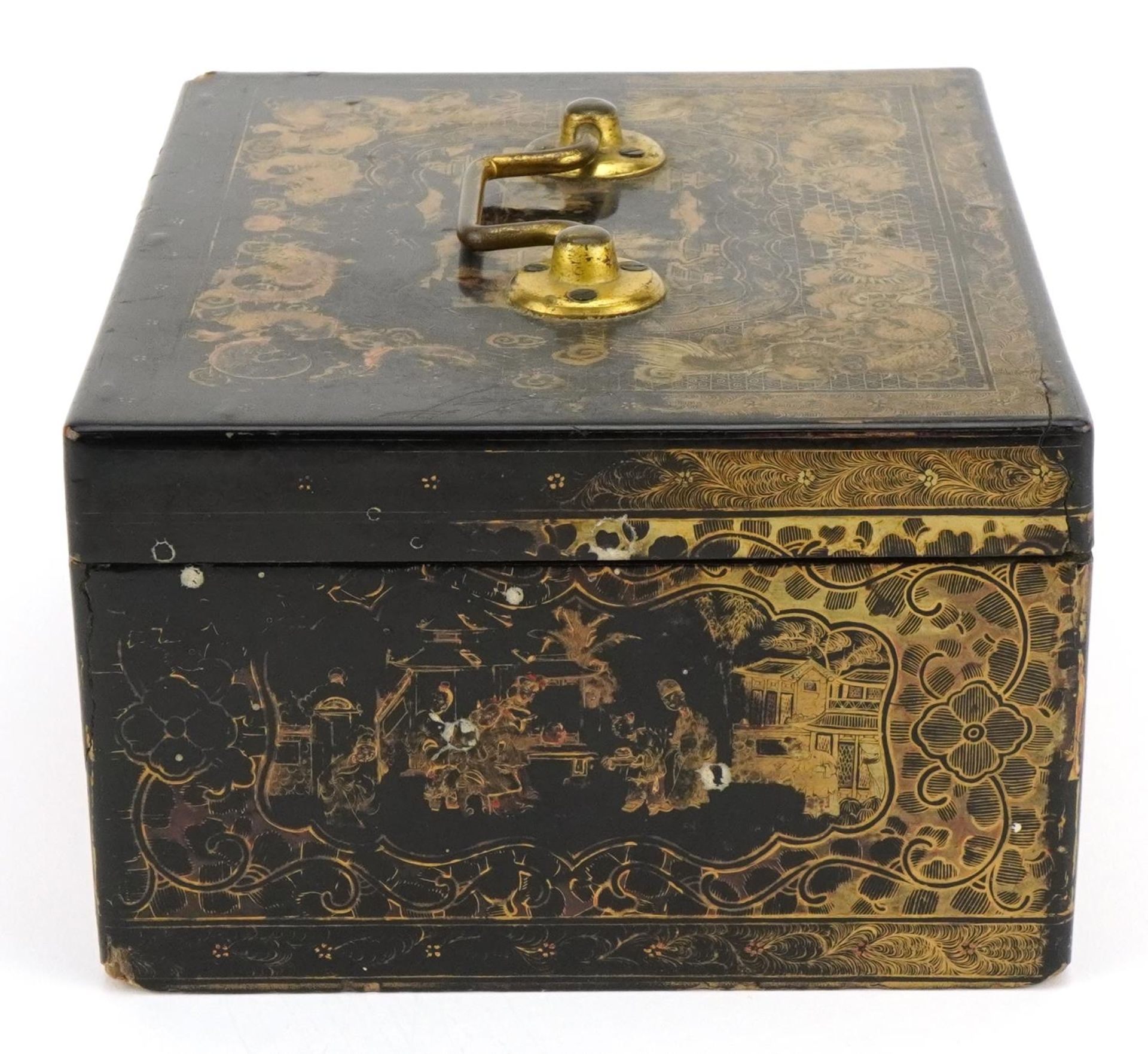 Chinese black lacquered tea caddy with pewter liner, finely gilded with dragons and figures, 10. - Image 5 of 9