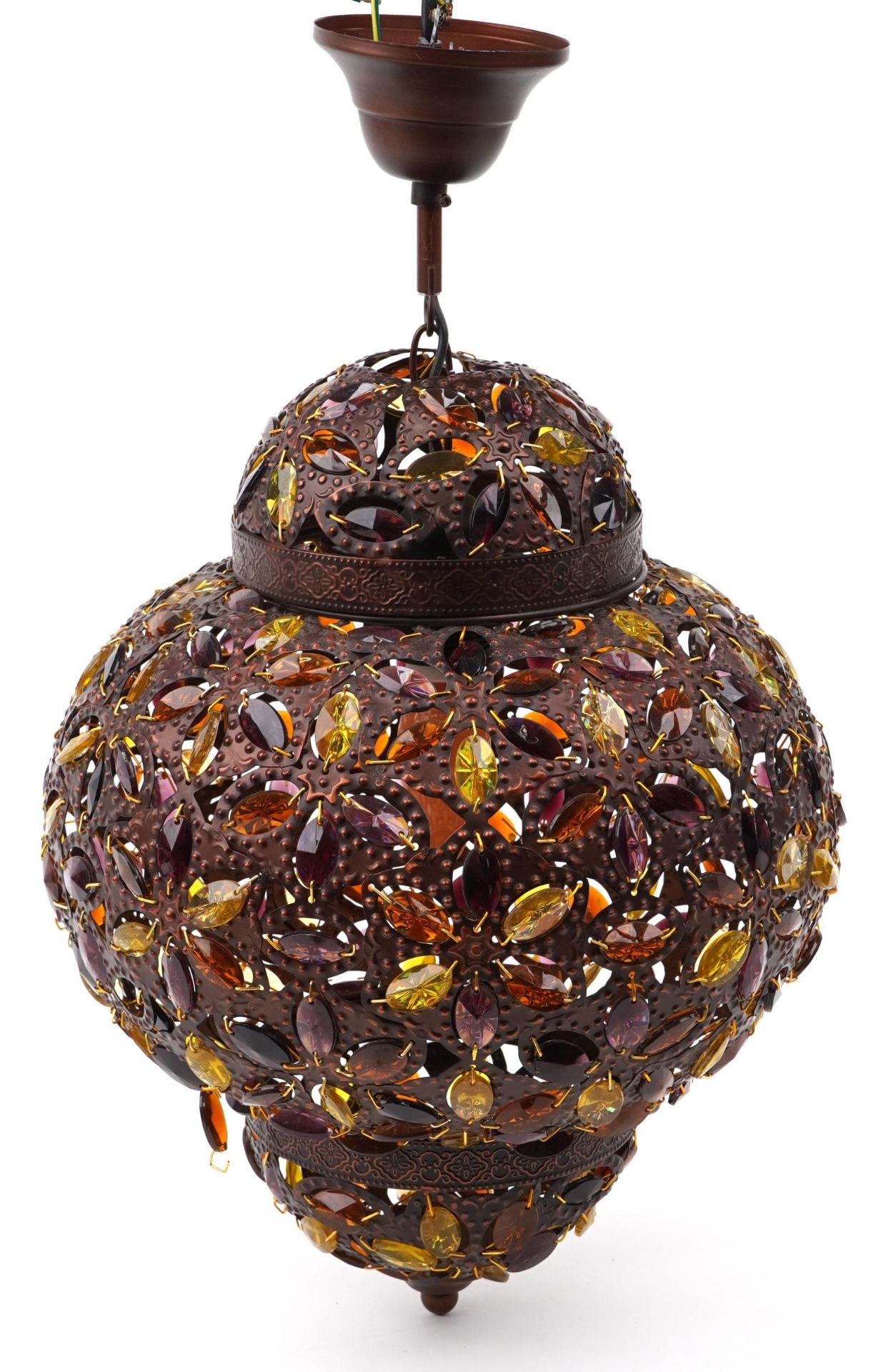 Pair of Moroccan bronzed light pendants with coloured glass beads, 50cm high - Image 5 of 12