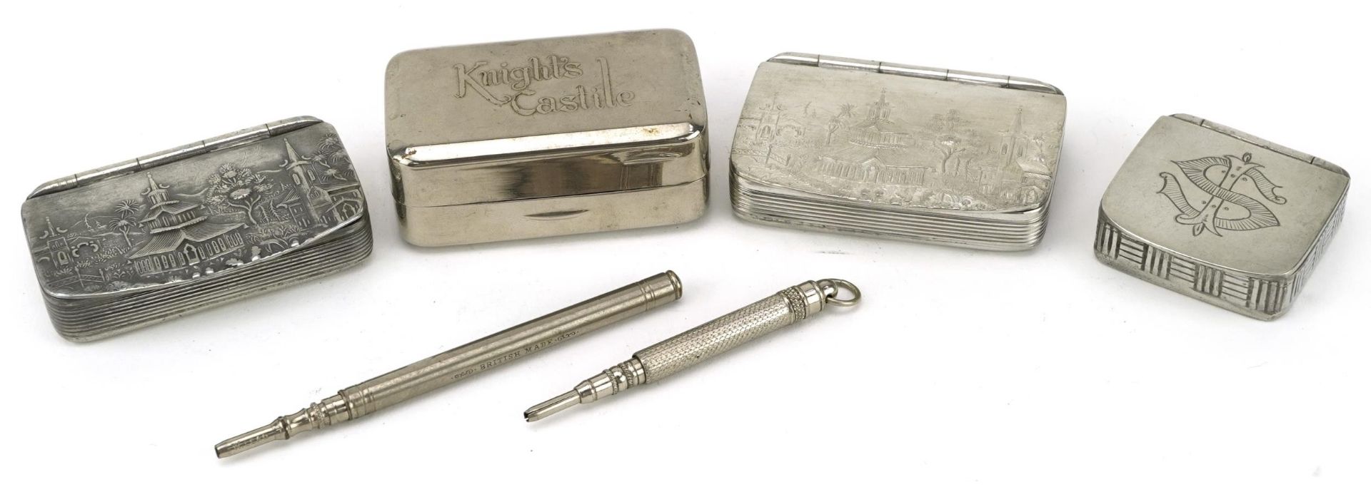 Three pewter snuff boxes together with two propelling pencils and one other case including two