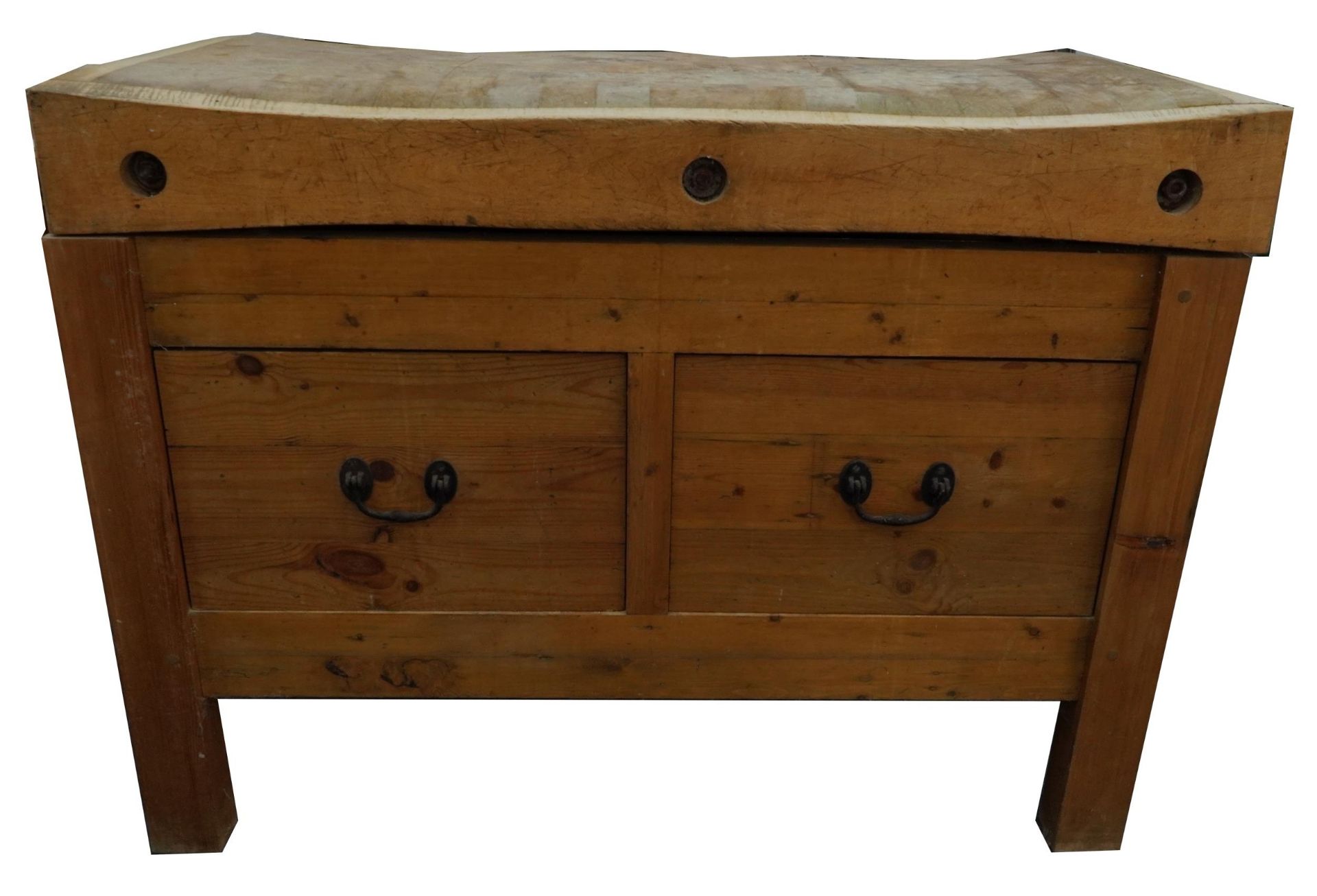Victorian pine butcher's block with two drawers to the base, 90cm H x 122cm W x 61cm D - Image 3 of 3