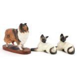 Beswick Connoisseur model of a Collie dog and two Siamese cats, the largest 24cm in length