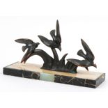 Art Deco onyx, marble and bronzed bird sculpture, 35cm wide