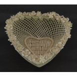 Belleek floral encrusted lace design porcelain love heart design dish, 11.5cm in length