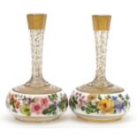 Pair of 19th century Bohemian white overlaid glass vases hand painted and gilded with flowers,