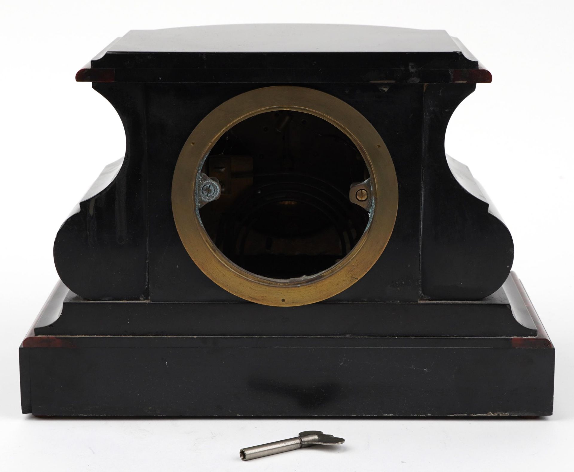 Victorian black slate and red marble mantle clock striking on a gong with circular enamelled dial - Image 7 of 8