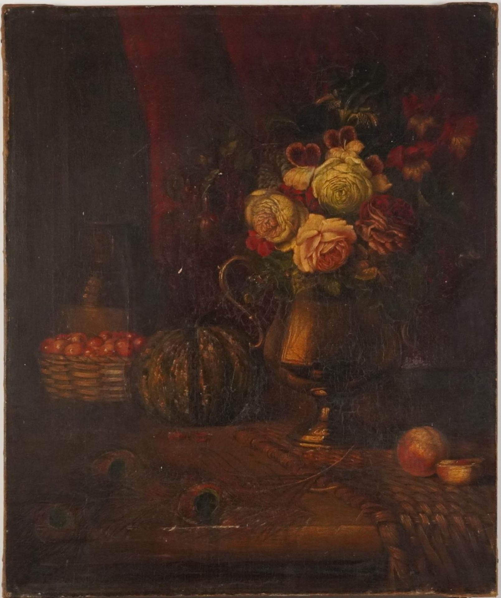 Still life flowers, fruit and feathers, oil on canvas, possibly 19th century, unframed, 75cm x 63cm - Image 2 of 3