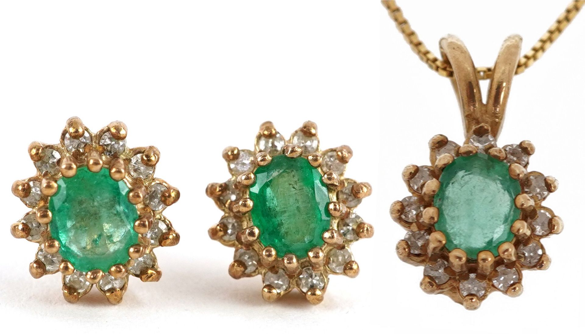 Unmarked gold emerald and diamond cluster pendant on 9ct gold box link necklace with matching pair