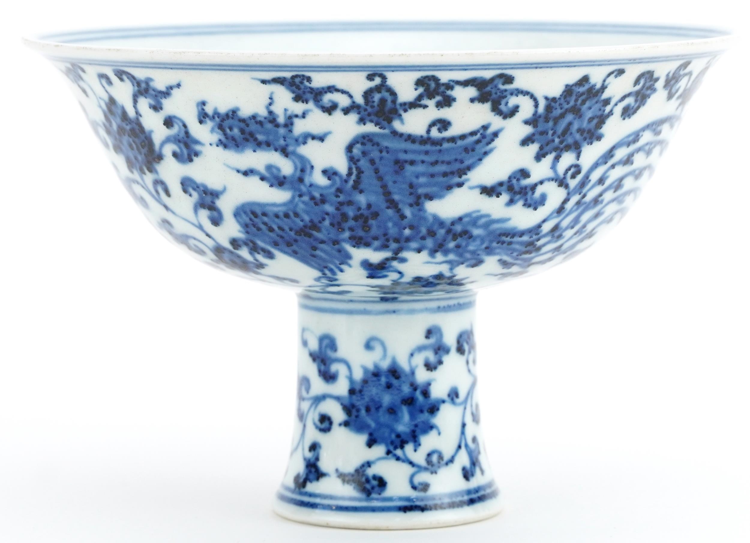 Chinese blue and white porcelain stem bowl hand painted with phoenixes amongst flowers, 10.5cm - Image 4 of 6