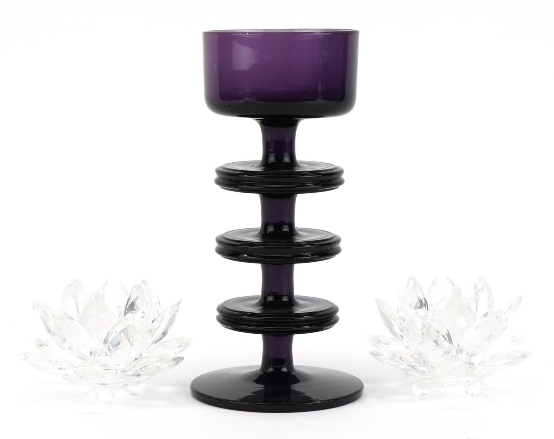 Wedgwood amethyst glass candle holder designed by Stennett Willson and a pair of Swarovski Crystal - Image 2 of 7