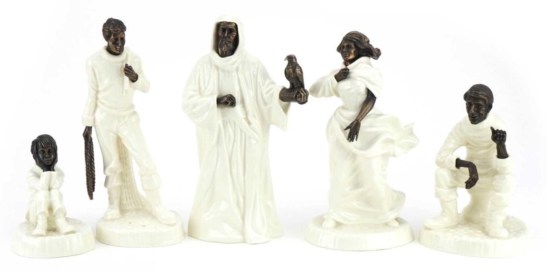 Five Minton porcelain and bronze figures comprising Spellbound, Traveller's Tales, Sea Breezes,