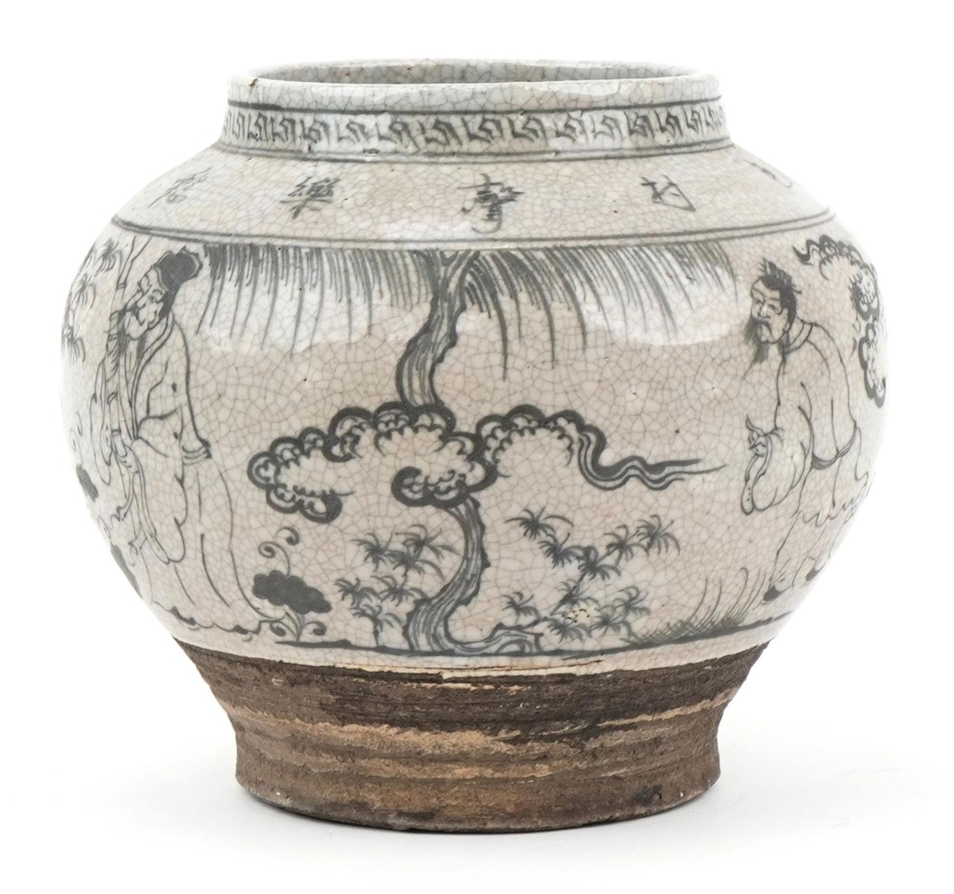Chinese archaic style baluster jar hand painted with immortals in a landscape, 22cm high - Image 2 of 6