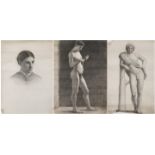 Full length studies of nude males, one wearing a Grecian robe and a head and shoulders portrait of a