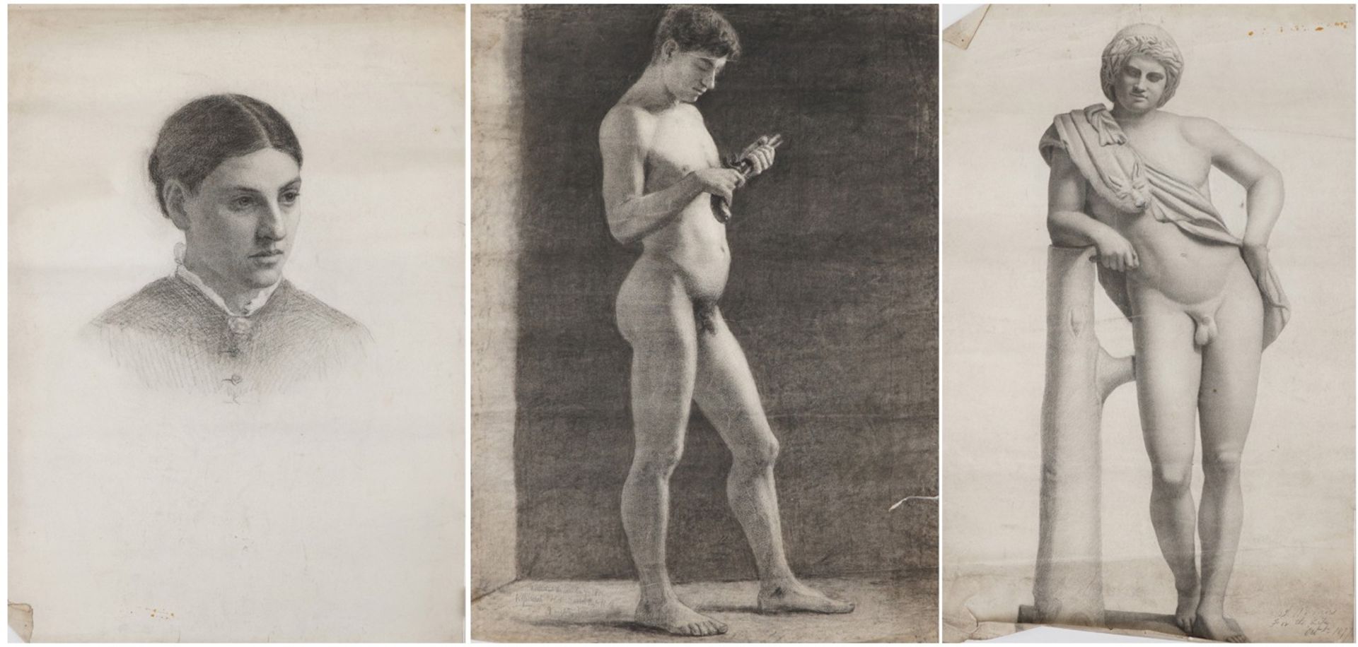 Full length studies of nude males, one wearing a Grecian robe and a head and shoulders portrait of a